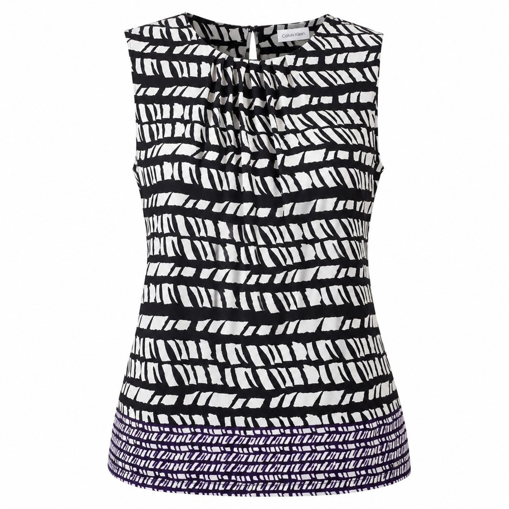Calvin Klein Womens XL Sleeveless Pleated Neck Blouse Black White Purple Print